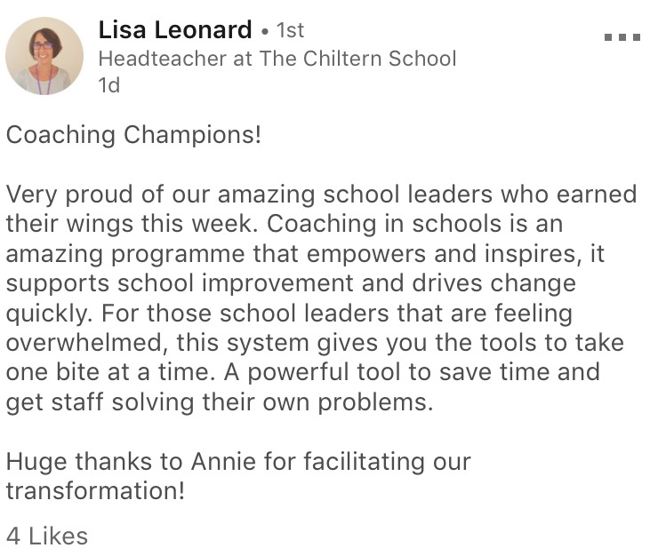 Having invested in our training for herself & her SLT, here's what Headteacher Lisa had to say...

We LOVE working with Chiltern staff - they're amazing!

coachinginschools.com/testimonials/

#coachinginschools
#headteachers
#slt
#schoolimprovement
#schools
#education
#acoachingrevolution