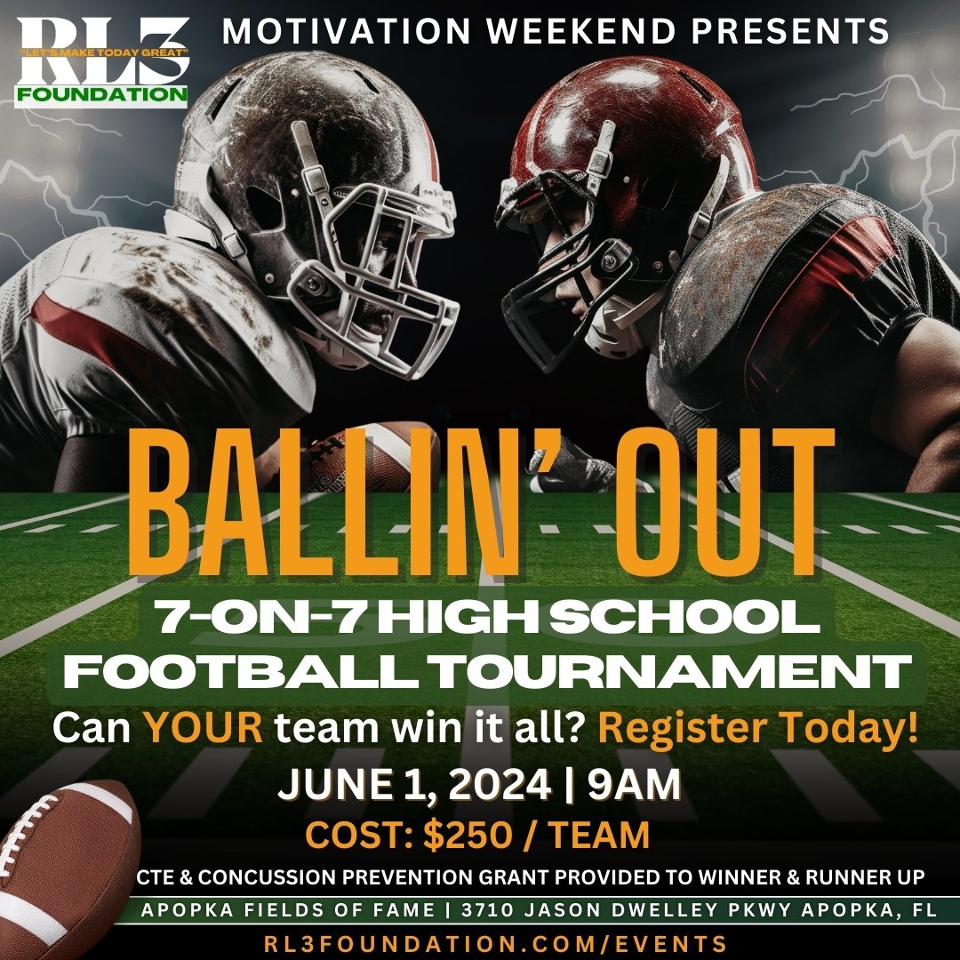 Calling all #Orlando area high school football teams! Show off your team’s skills and spirit, while competing for grant money for your football program and bragging rights as the RL3 Ballin’ Out 7-on-7 Tournament Champions! Visit RL3Foundation.com/events for details.