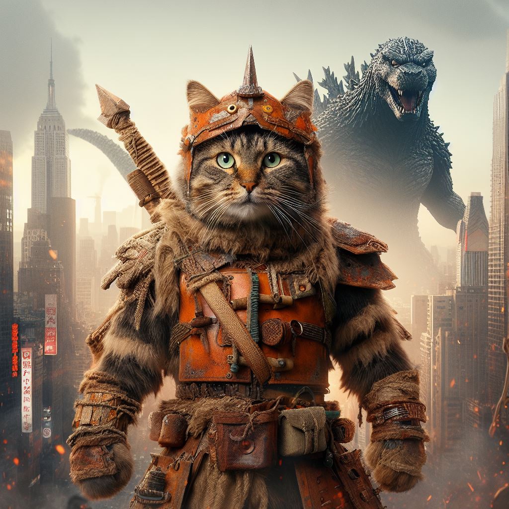 As the city trembles, our #catoftheday, armed with nothing but its courage and makeshift armor, stands against Godzilla. It's a battle for the ages, a fight to reclaim our world. Who will emerge victorious? #EpicBattles #GodzillaVsCat @Godzilla_Toho #cat @GodzillaMovies