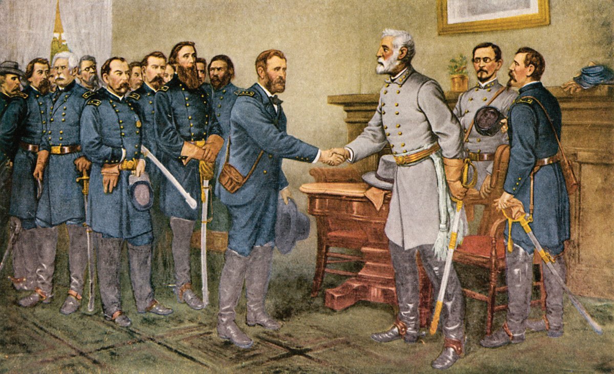 On April 9, 1865, General Robert E. Lee surrendered his Confederate troops to the Union's Ulysses S. Grant at Appomattox Court House, Virginia, marking the beginning of the end of the grinding four-year-long American Civil War.