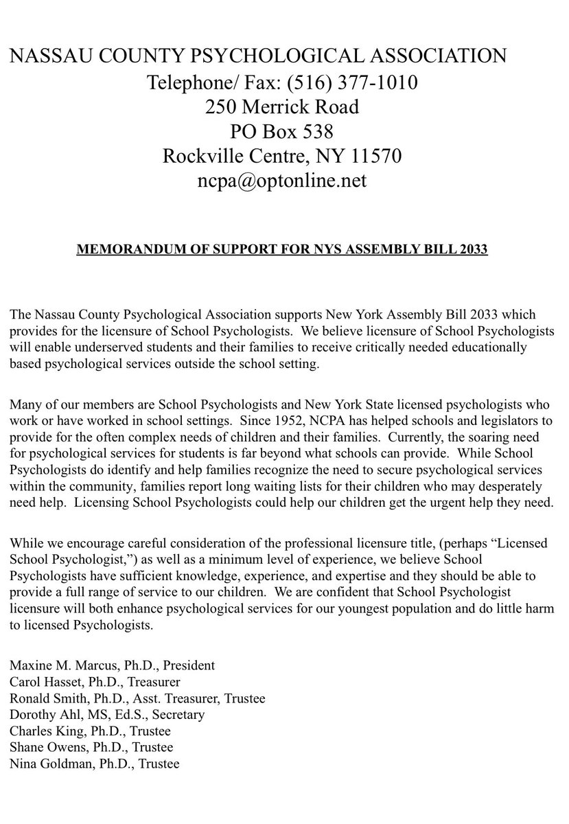 Thank you NCPA for support of licensing school psychs “We believe licensure of School Psychologists will enable underserved students & families to receive critically needed educationally based psychological services” @LindaBRosenthal @PatriciaFahy109 @SenatorBrouk @tobystavisky