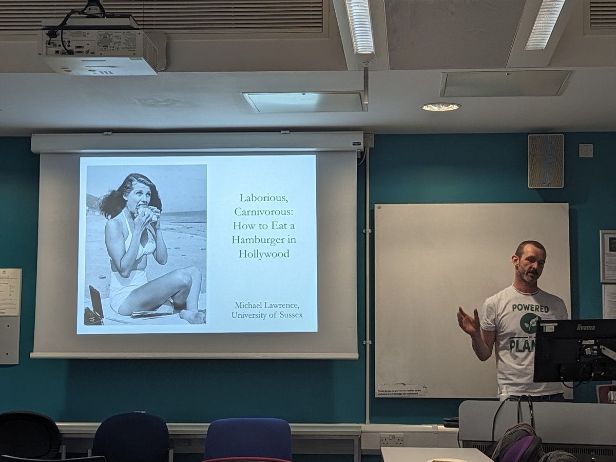 In the last panel of the day, 'Animal Labours: Fighting, Eating, Suffering', Michael Lawrence discusses how Hollywood fiction cinema showcases meat consumption in specific ways, thinking about what Hollywood stars ate @baftss #baftss #baftss2024