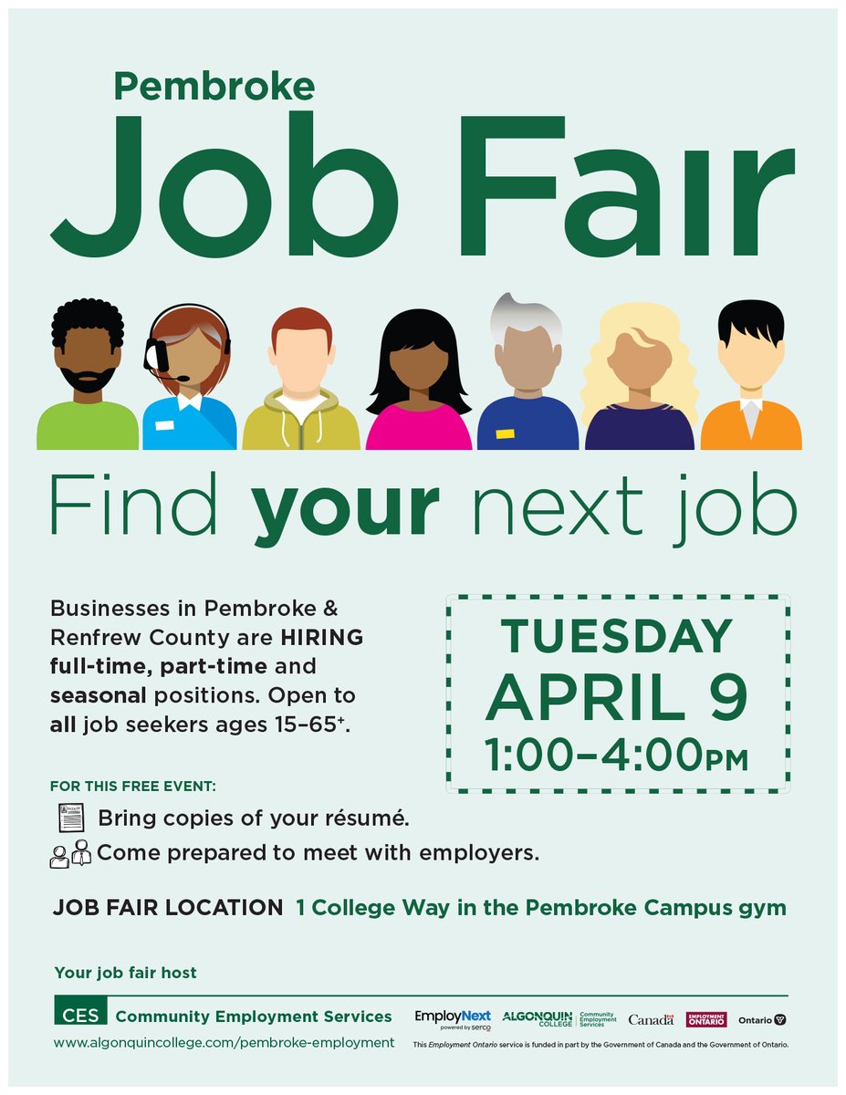 We are looking forward to our Spring Job Fair. Plan to join us April 9th from 1:00 to 4:00 pm on campus in our gym. Some fantastic opportunities for those graduating and looking to start their careers & those looking for summer / part-time employment. @AlgonquinPEM #OttawaValley