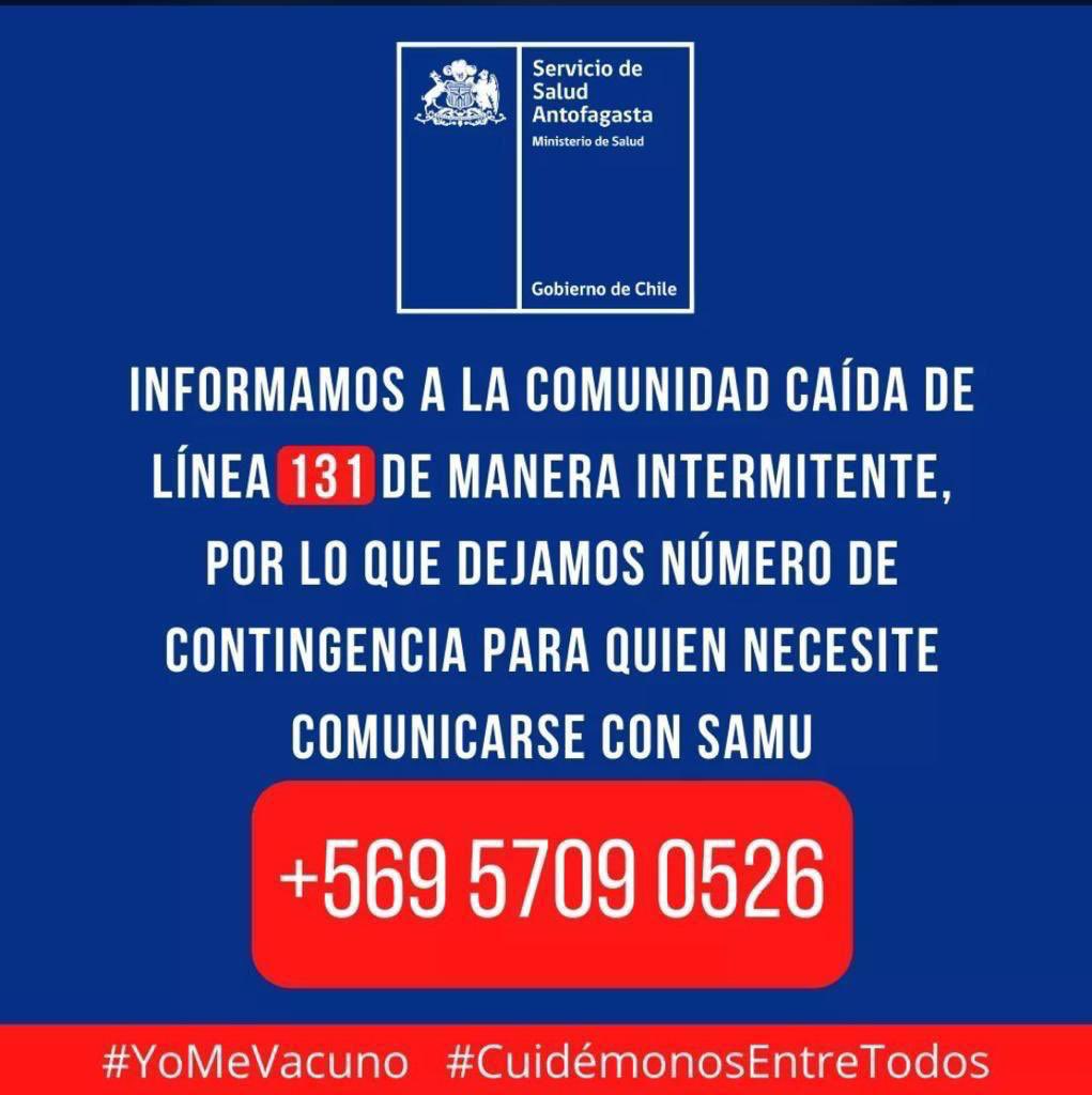 INFORMAMOS A LA COMUNIDAD CAÍDA DE LÍNEA 131 DE MANERA INTERMITENTE, POR LO QUE DEJAMOS NÚMERO DE CONTINGENCIA PARA QUIEN NECESITE COMUNICARSE CON SAMU
+569 5709 0526

#samu #calama #hospitalcalama