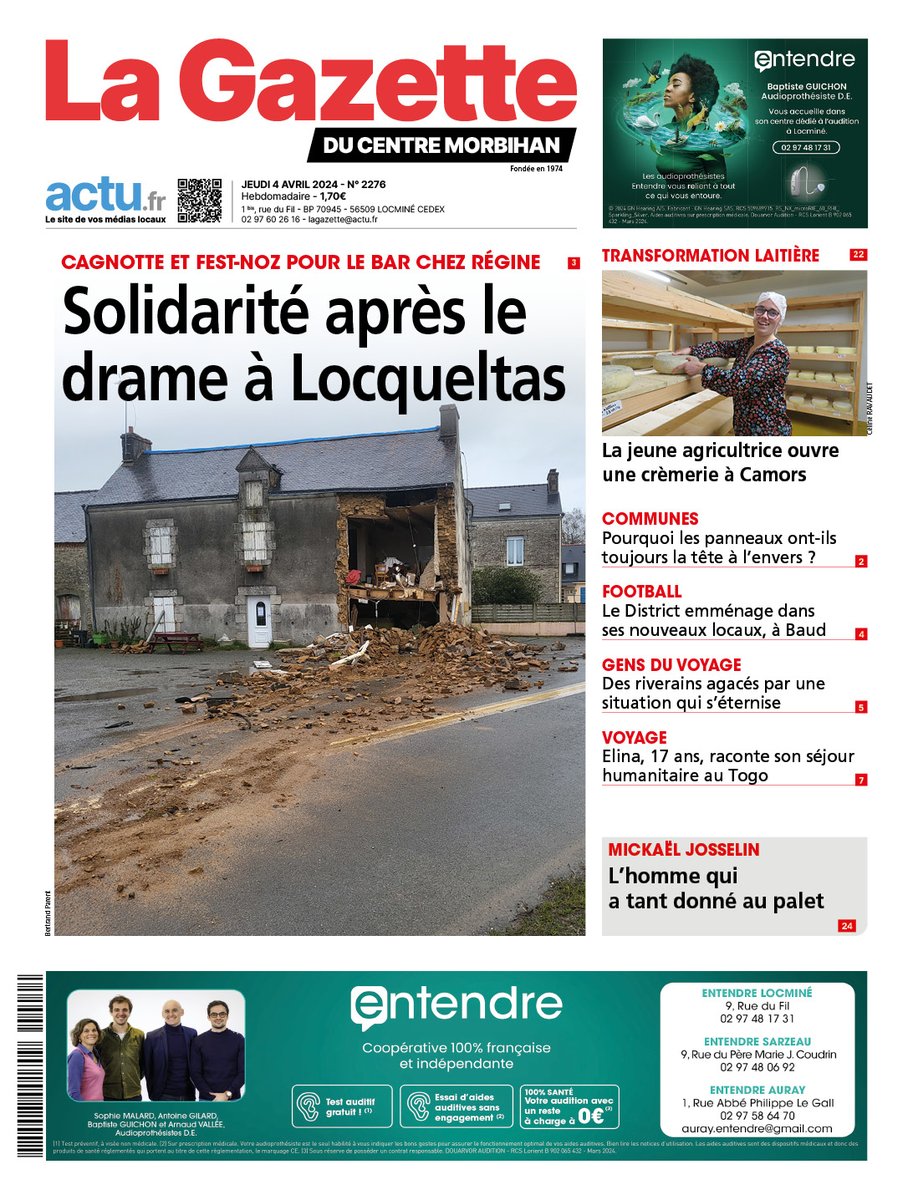 Gazettedu56's tweet photo. A la Une de la Gazette demain retour sur l'avenir du bar Chez Régine à Locqueltas après le terrible accident qui a fait un blessé grave vendredi dernier. https://t.co/KMzTJV1RSf