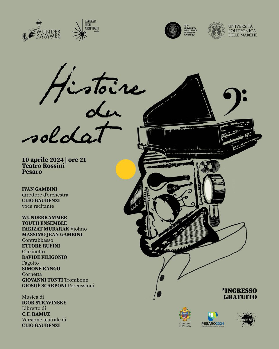 🎭 SPETTACOLO TEATRALE 🎭 Il #10aprile, al Teatro Rossini di #Pesaro, si terrà lo #Spettacolo musicale 'Histoire du soldat'. 🎶 L'evento, promosso da @uniurbit e @UnivPoliMarche, fa parte delle iniziative di @pesaro2024. 🎯 Ingresso gratuito 🔍 uniurb.it/novita-ed-even…