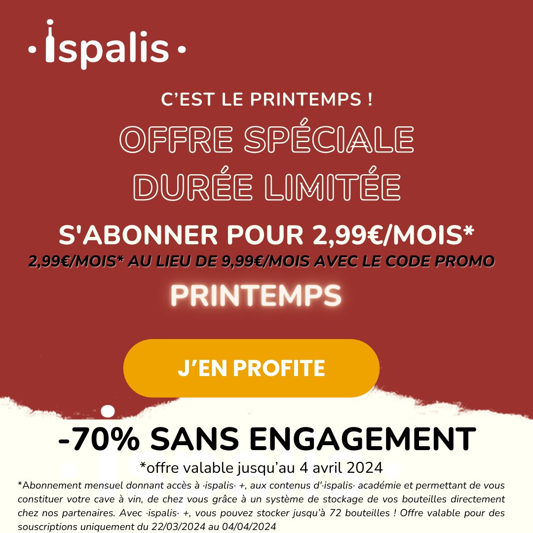 -70% sur l'abo ·ispalis·+ ! Dernières heures pour profiter de notre offre exclusive : pour 2,99€/mois abonnez-vous à ·ispalis·+ , constituez votre cave à vin virtuelle en accédant en illimité à l'ensemble de nos contenus 👉 ispalis.com/#nosoffres