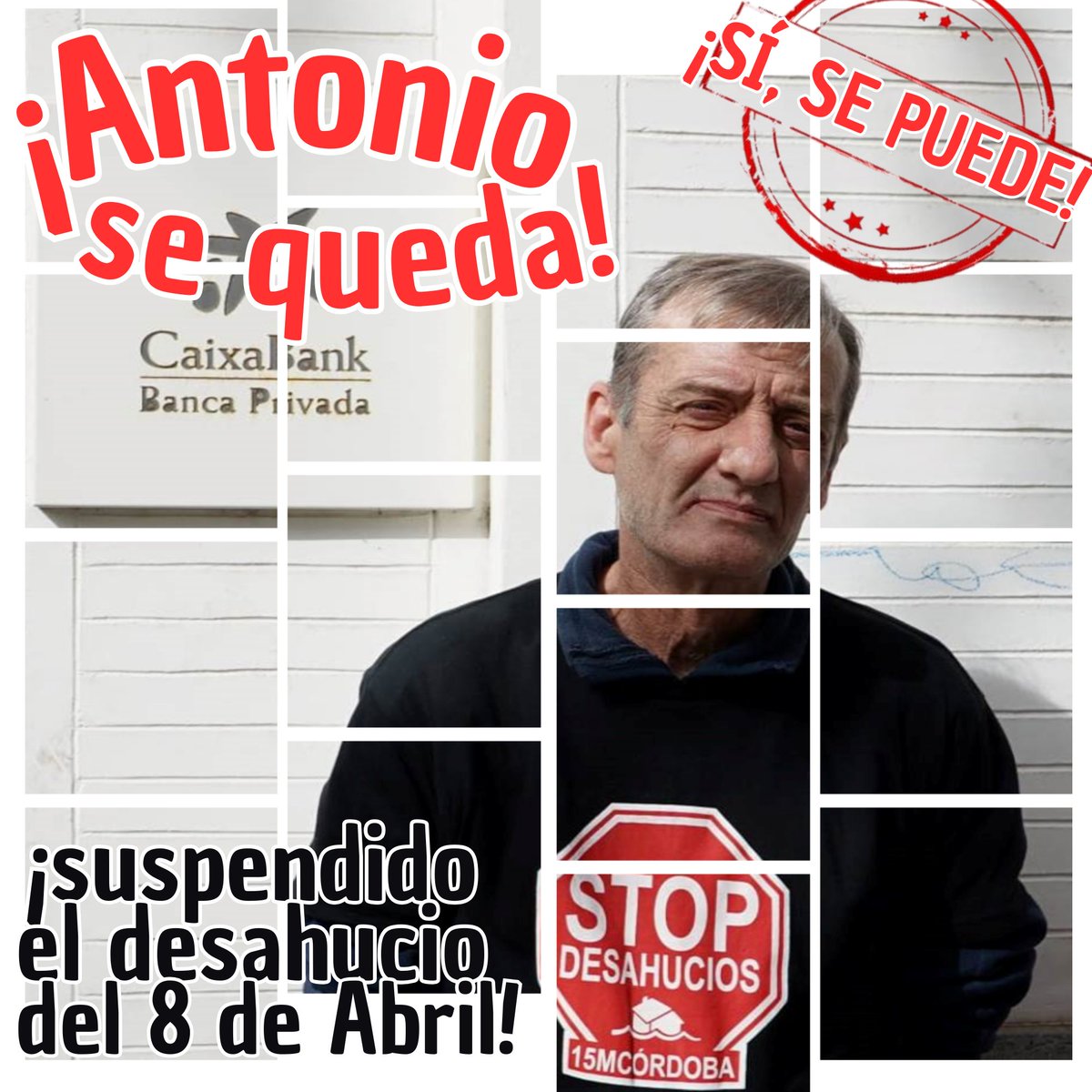 Stop Desahucios Córdoba (@stopdesahuciosc) on Twitter photo En <a href="/StopDesahuciosC/">Stop Desahucios Córdoba</a> estamos de enhorabuena porque ANTONIO SE QUEDA EN CASA al suspenderse el desahucio (8/04) por la apelación presentada a la Audiencia Provincial, basada en la ilegalidad cometida por CaixaBank en el procedimiento de ejecución hipotecaria
#AntonioSeQueda 💪🏼💪🏼💪🏼 En <a href="/StopDesahuciosC/">Stop Desahucios Córdoba</a> estamos de enhorabuena porque ANTONIO SE QUEDA EN CASA al suspenderse el desahucio (8/04) por la apelación presentada a la Audiencia Provincial, basada en la ilegalidad cometida por CaixaBank en el procedimiento de ejecución hipotecaria
#AntonioSeQueda 💪🏼💪🏼💪🏼