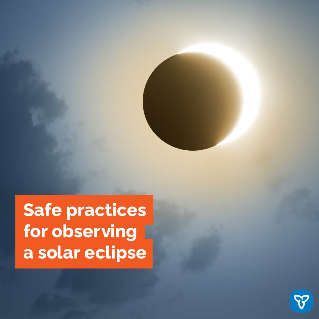 If you plan to view the #TotalSolarEclipse in Ontario on Monday, April 8, make sure to do it safely. Glasses with specialized filters adhering to the ISO 12312-2 international standard can be worn to prevent eye damage. Do not look at the sun without this proper eye protection.