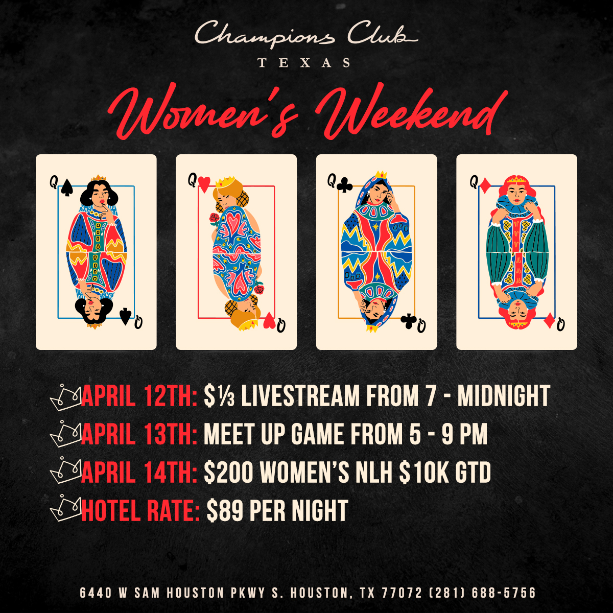 ChampionsClubTX's tweet image. We are excited to announce our FIRST Women's Weekend next Friday, April 12th - Sunday, April 14th at @championsclubtx!

- Friday, April 12: $1/3 Livestream from 7 PM - Midnight CST
- Saturday, April 13: Meet-Up Game from 5 PM - 9 PM (NLH, ROE &amp;amp; Mixed)
- Sunday, April 14: $200…