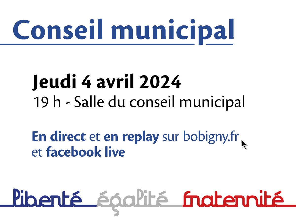 📣 Le Conseil municipal de Bobigny se tiendra le jeudi 4 avril à 19 h. Nous comptons sur votre présence. Il est à suivre également en direct 🔴 sur le site de la ville 👉 swll.to/CM_LIVE ainsi que sur la page Facebook Ordre du jour 👉swll.to/CM_ODJ