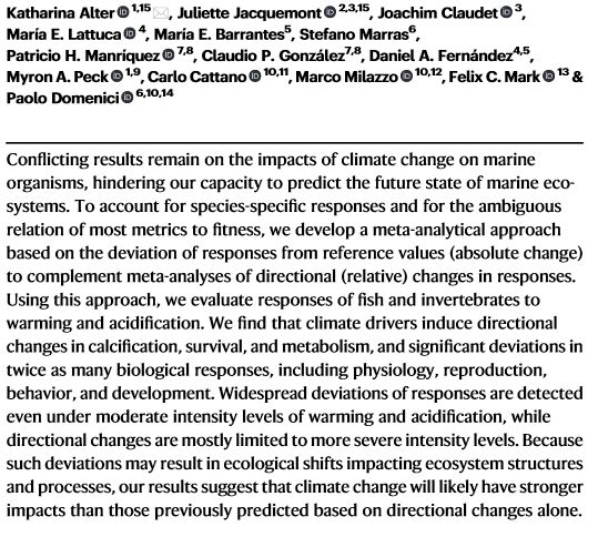 🚨Paper Alert🚨 🥷⚡️ Hidden impacts of #ocean #warming and #acidification on biological responses of #marine #animals revealed through meta-analysis. 🐙🦑🦞🦀🦐🦪🐠🐟🐡🐬🦈 ⚠️@NatureComms 📰 nature.com/articles/s4146…