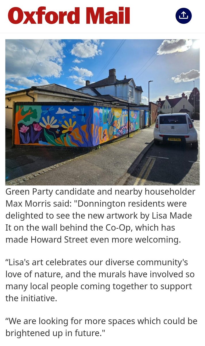 Lovely to be quoted in @TheOxfordMail celebrating this beautiful new street art in the area. Speaking to Donnington residents, it's clear that the Flower Lane mural (which this extends onto Howard Street) has already had a positive impact: more footfall and less litter. #Artivism