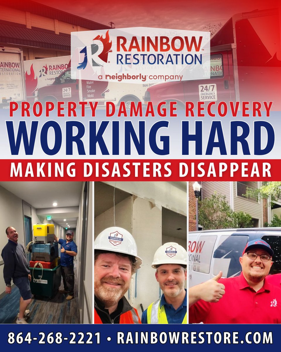 Disaster Strikes? We Work, You Rest. Property damage? Our team restores your peace. Expertise & smiles. #RainbowRestoration of Greenville SC. Connect: 864-268-2221 • RainbowRestore.com #DisasterRecovery #Neighborly