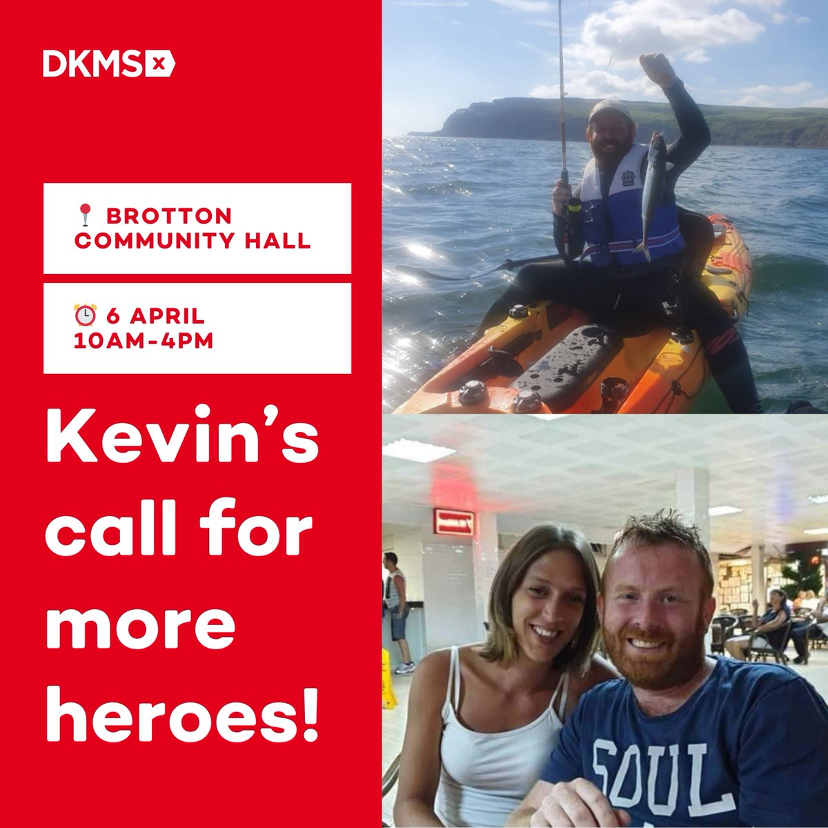 📢 Don't forget - Kevin is calling on YOU! Share this post and come and register as a stem cell donor in #Brotton this Saturday 6 April. Let's join Kevin in bringing hope to people with blood cancer. Spread the word and mark your calendars. See you there!