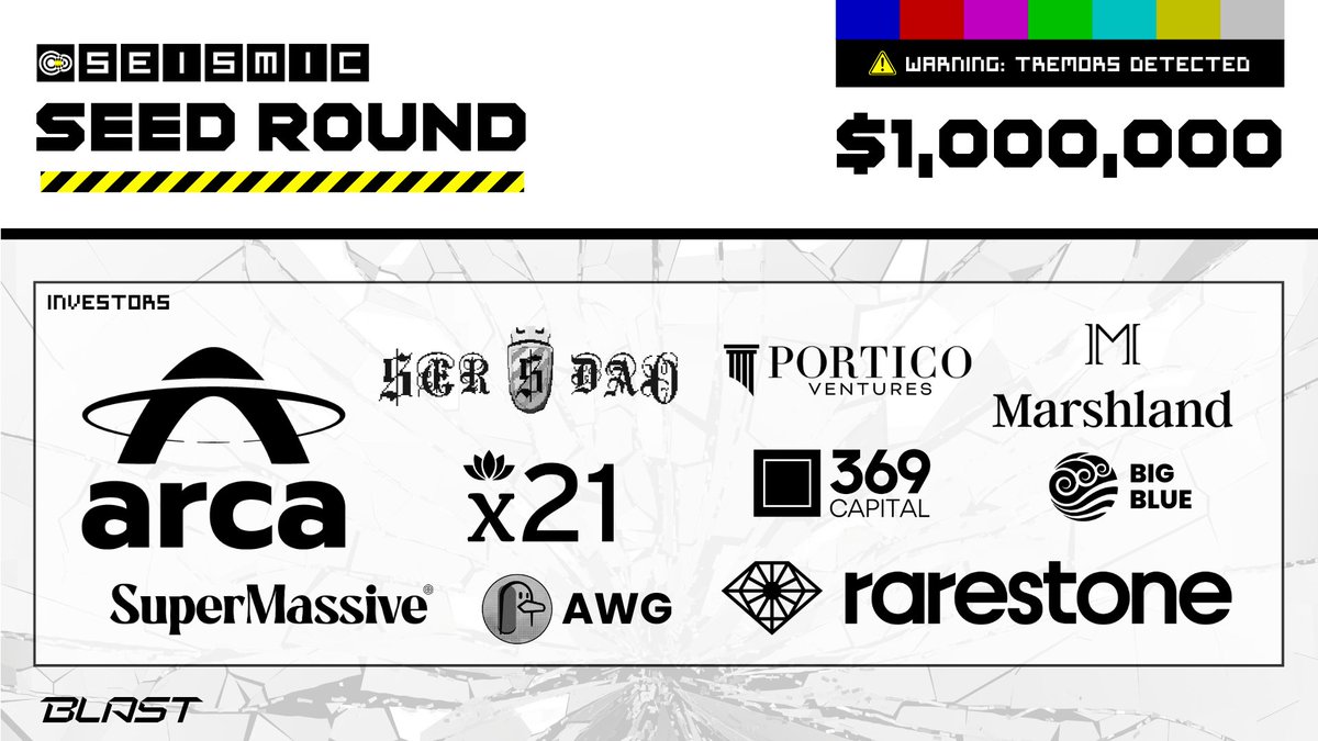 Seismic Finance (@seismicfinance) on Twitter photo We're excited to announce our $1M seed round with participation from leading funds and Blast-aligned angels and builders. Including:
<a href="/arca/">Arca</a> <a href="/rarestonecap/">Rarestone Ventures</a> <a href="/MarshlandGroup/">Marshland Capital Group</a> <a href="/SerDAO_/">$$</a> <a href="/Quack_Capital/">Autistic Waterfowl Venture Capital</a> <a href="/X21_Digital/">X21 Digital</a> <a href="/369Capital/">369 Capital</a> SuperMassive, Portico & Big Blue
🚨 Tremors detected. We're excited to announce our $1M seed round with participation from leading funds and Blast-aligned angels and builders. Including:
<a href="/arca/">Arca</a> <a href="/rarestonecap/">Rarestone Ventures</a> <a href="/MarshlandGroup/">Marshland Capital Group</a> <a href="/SerDAO_/">$$</a> <a href="/Quack_Capital/">Autistic Waterfowl Venture Capital</a> <a href="/X21_Digital/">X21 Digital</a> <a href="/369Capital/">369 Capital</a> SuperMassive, Portico & Big Blue
🚨 Tremors detected.