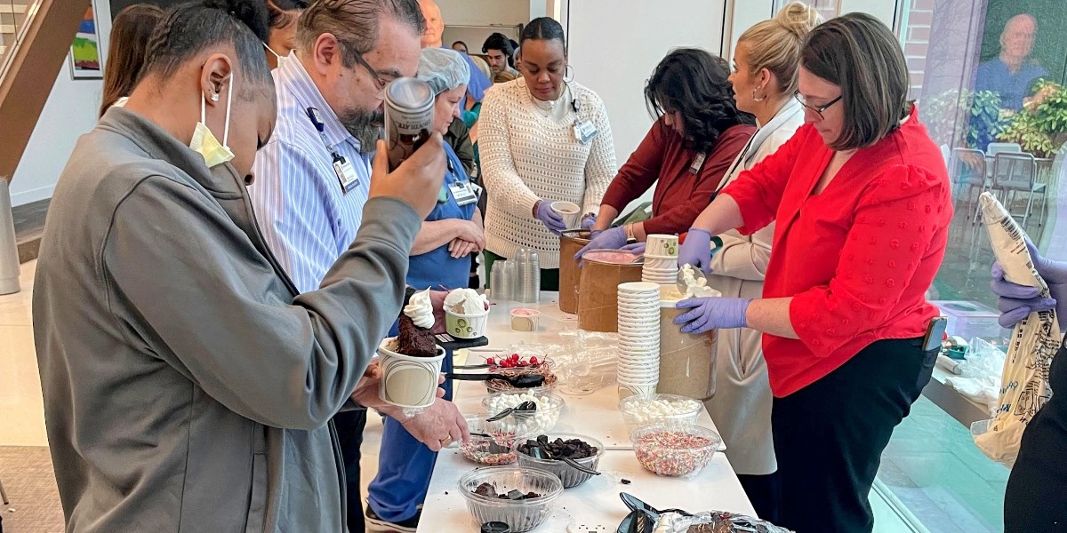 Jefferson Washington Twp. Hospital employees recently enjoyed a 'sweet' opportunity to connect with new VP of Operations Jenny Breunig and colleagues at a 'What’s the Scoop?' ice cream social. Human Resources and nursing leaders were on hand to help distribute the treats.