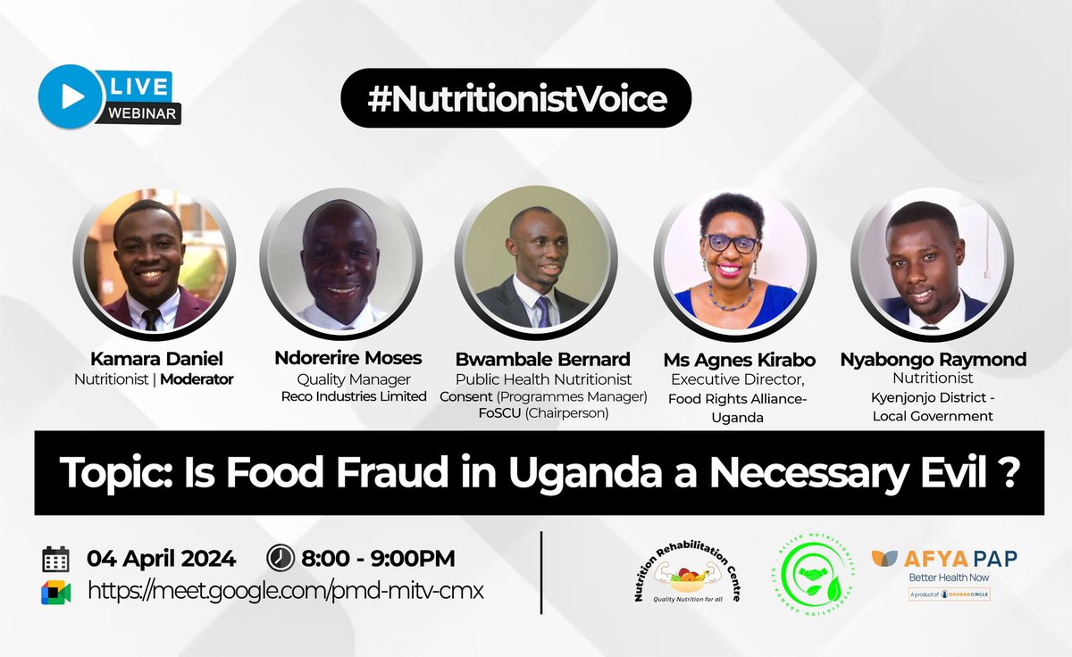 This Thursday 8pm, we shall learn more from Specialists.. Is Food Fraud a deal in Uganda ? meet.google.com/pmd-mitv-cmx @nbstv @KKariisa @Amref_Uganda @FAOAfrica @UNICEFUganda @ConsentUganda @FoodSafety_Asso @jcrc_official1 @kiraboaggie Join up and enjoy the conversation.