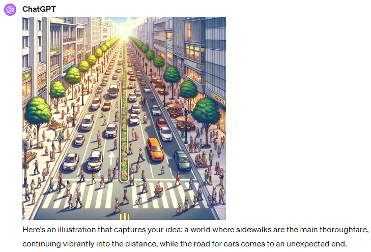 FuckCarsReddit's tweet image. It seems like chat GPT's image generator is fed so much car-centric data into its machine-learning algorithm that when you prompt it to make a street less car-centric it still ends up putting cars everywhere.
Here are a few examples: