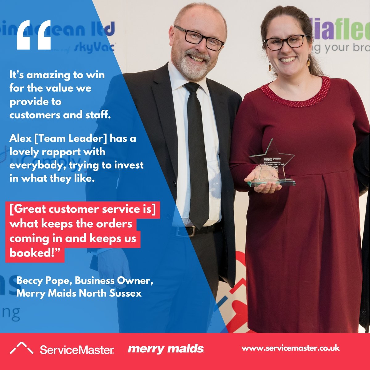 SM_Franchises's tweet image. Here&apos;s what Beccy Pope from Merry Maids North Sussex had to say when picking up her award for business excellence during our #SpringForward24 event 🏆🌟

#servicemaster #merrymaids #awards #customerservices #cleaningservices #franchisebusiness #awardwinning