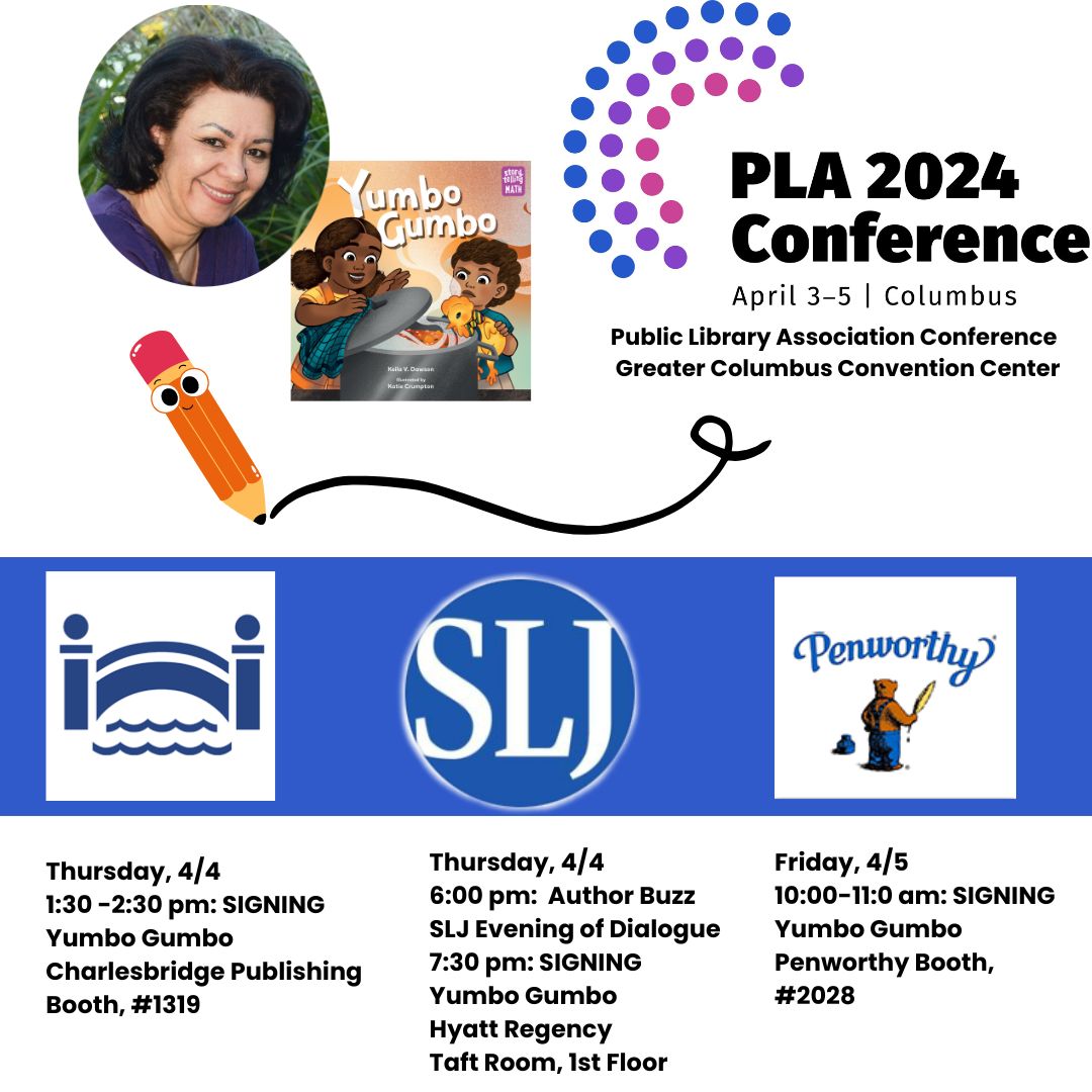 I'm going to PLA tomorrow, tomorrow. And only a day away! If you're going to the Public Library Association conference in Columbus, I hope you'll stop by to say hi! And get a signed copy of #YumboGumbo. My #PLA2024 schedule: #NationalLibraryWeek @ALA_PLA #Read @charlesbridge