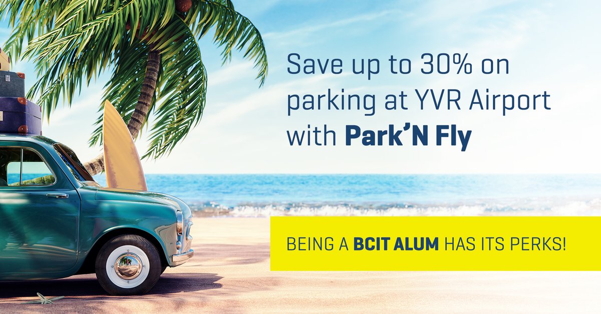 Planning your summer getaway? Get up to 30% off daily and weekly parking rates at YVR through BCIT Alumni Perks partner Park’N Fly. Psst — check back next week for an exciting update. Learn more about Alumni Perks: bit.ly/3UmaSYR