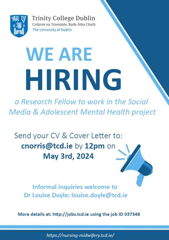 We are hiring a Research Fellow to investigate Social Media and Adolescent Mental Health (SOCMED), identifying how social media can be used for #mentalhealth promotion. Email informal inquiries to louise.doyle@tcd.ie Apply by 12pm, 3 May 2024: my.corehr.com/pls/trrecruit/…