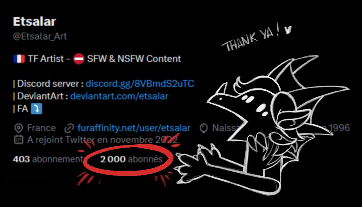 Etsalar_Art's tweet image. 2 000 followers reached!

ART RAFFLE GIVEAWAY time! 
- Retweet this post
- +♥
- Be a follower
- Comment with your OC reference!

Raffle ends April 7th
The art giveway will be an experimental shaded B&amp;amp;W piece.

Thank you for supporting me so far ! ♥