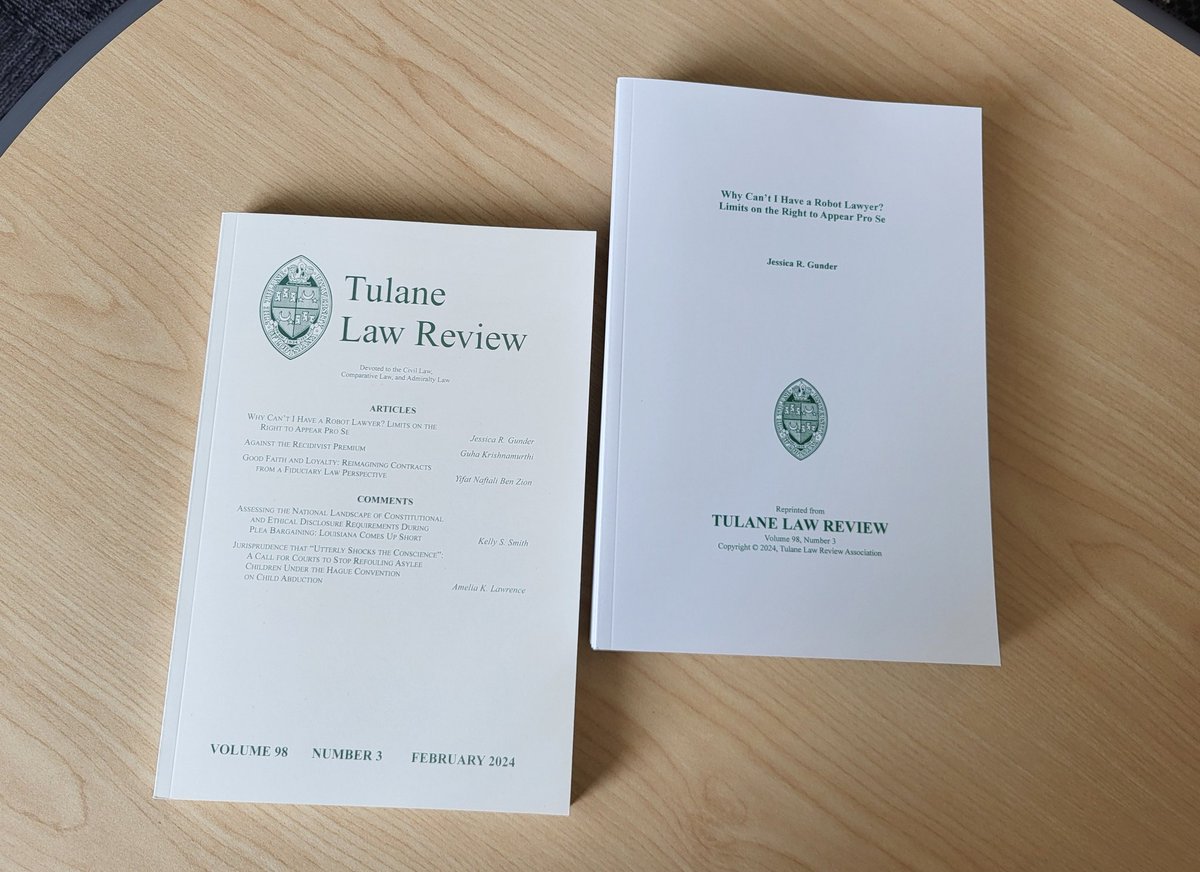 Jessica Gunder (@jessicargunder) on Twitter photo Wonderful to see, "Why Can't I Have a Robot Lawyer? Limits on the Right to Appear Pro Se," in print! Thanks to the <a href="/TulaneLawReview/">Tulane Law Review</a> students for their work on this project! Wonderful to see, "Why Can't I Have a Robot Lawyer? Limits on the Right to Appear Pro Se," in print! Thanks to the <a href="/TulaneLawReview/">Tulane Law Review</a> students for their work on this project!