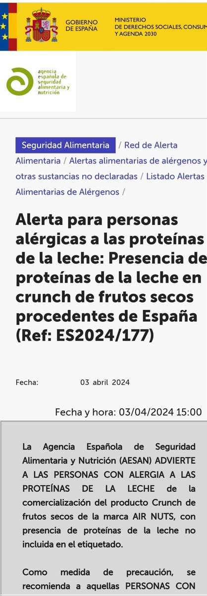 AESAN_gob_es's tweet photo. ⚠️ Excusivamente para personas alérgicas a las proteínas de la leche: Presencia de proteínas de la leche en crunch de frutos secos.
▶️Nombre del producto: Crunch de cacahuete con aroma sour cream.
▶️Marca: AIR NUTS REBELS.
📌 https://t.co/LHmbBj38Bg https://t.co/B3EG0X7hX5