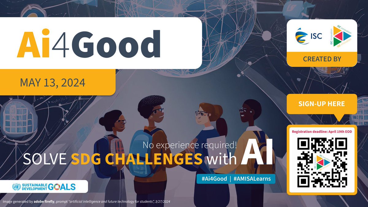 ISCinnovation's tweet image. 📢 @amisa_us schools take note! Join the #AI4Good initiative to spark your students&apos; creativity &amp;amp; harness #AI for social good! 🌎🫂

✅Fun &amp;amp; accessible #AILiteracy
✅Solve real #SDG challenges 
✅Foster #globalcitizenship 

🗓️Register by Apr19 #AMISALearns #AI #GenAI #innovation