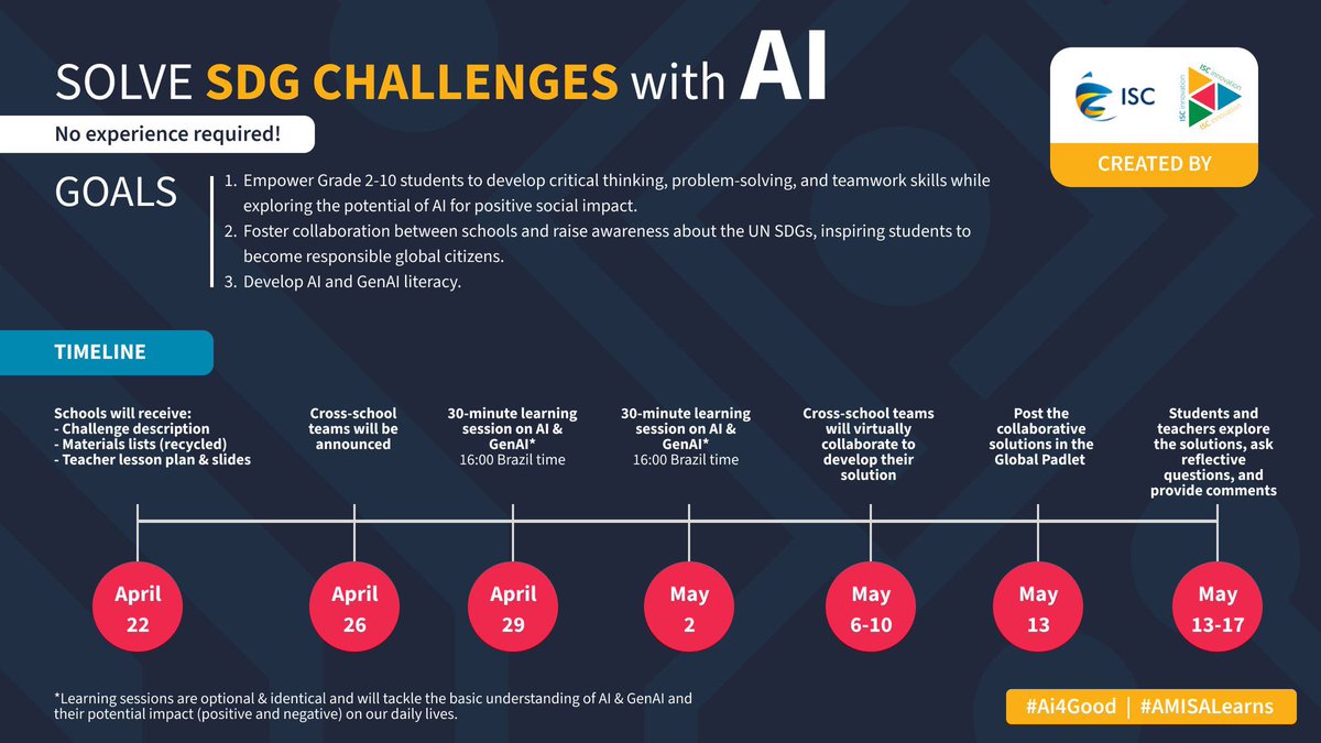 ISCinnovation's tweet image. 📢 @amisa_us schools take note! Join the #AI4Good initiative to spark your students&apos; creativity &amp;amp; harness #AI for social good! 🌎🫂

✅Fun &amp;amp; accessible #AILiteracy
✅Solve real #SDG challenges 
✅Foster #globalcitizenship 

🗓️Register by Apr19 #AMISALearns #AI #GenAI #innovation