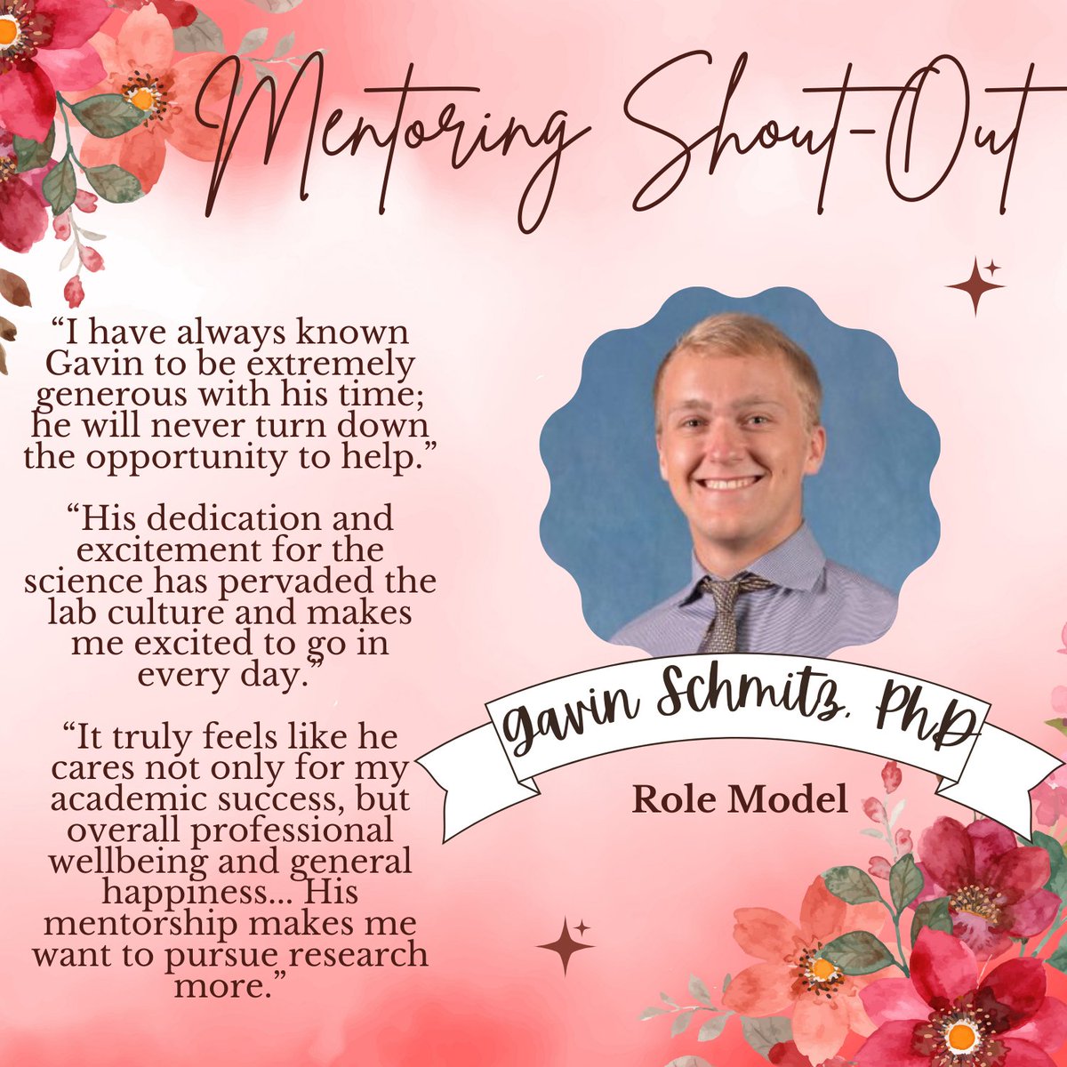 @gavinpschmitz is our next mentoring shout-out recipient. Dr. Schmitz is a @UNCmdphd student who recently completed his PhD in the @UNC_PHCO program, and he exemplifies qualities of a thoughtful and attentive role model.