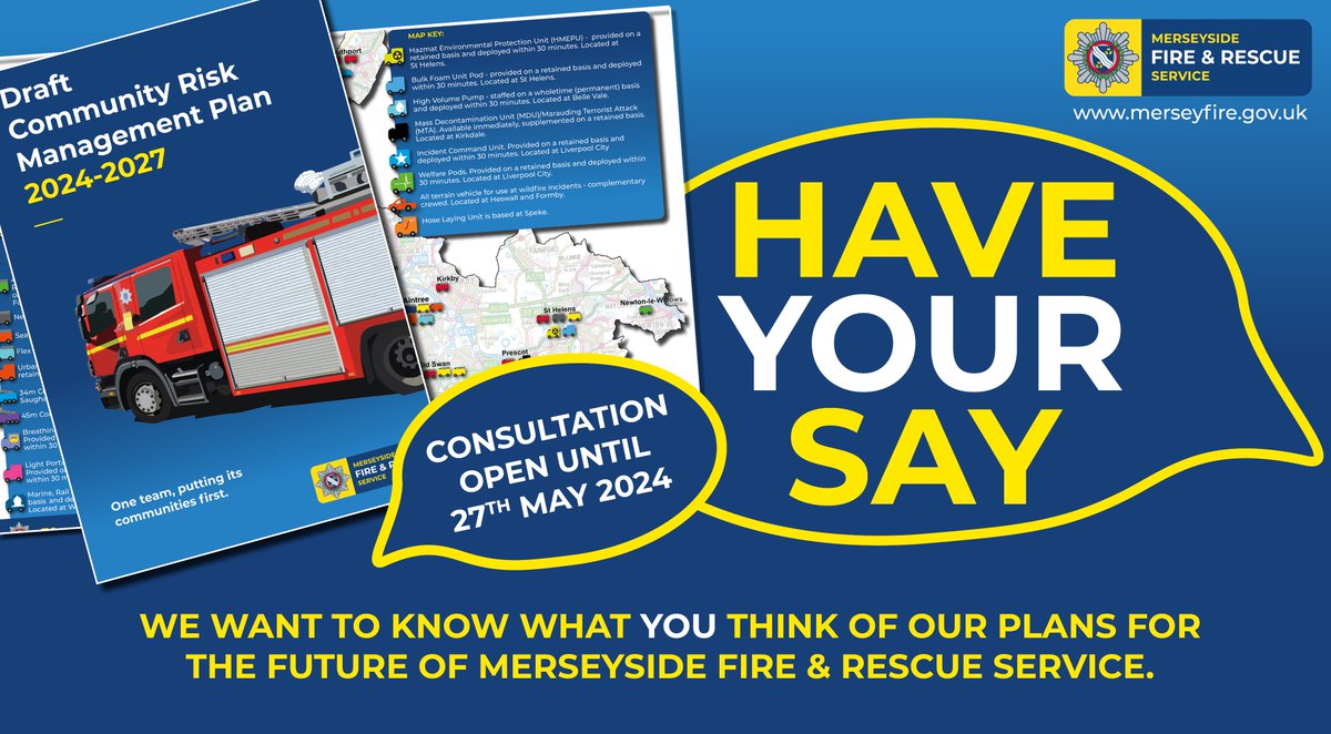 Help us plan the future of firefighting in Merseyside! 🚒 Have a read of our planned proposals in our CRMP and give us some feedback in our consultation 💭 Read the CRMP here: merseyfire.gov.uk/about/our-plan… Give your feedback here: surveymonkey.com/r/merseyside_2…