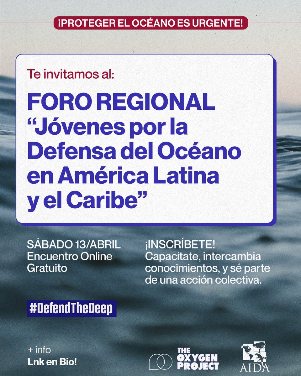 aida_ambiente's tweet photo. 📣 Foro Regional de Jóvenes por la Defensa del Océano en América Latina y el Caribe

invitamos a las y los jóvenes de la región a participar en este foro en defensa de nuestros mares, ecosistemas y comunidades.

📆 Sábado 13 de abril de 2024 (en línea)
✍️ https://t.co/5mxgsbA6IC https://t.co/5fQ161wC6q