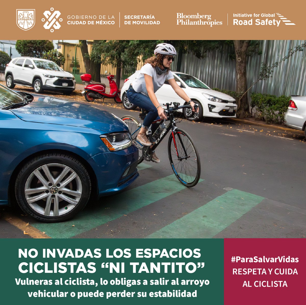 Automovilista 🚗🚚, no invadas los espacios ciclistas, ni tantito 🤏 Respeta los lugares destinados a los diferentes modos de transporte y #CuidaAlCiclista 🤓