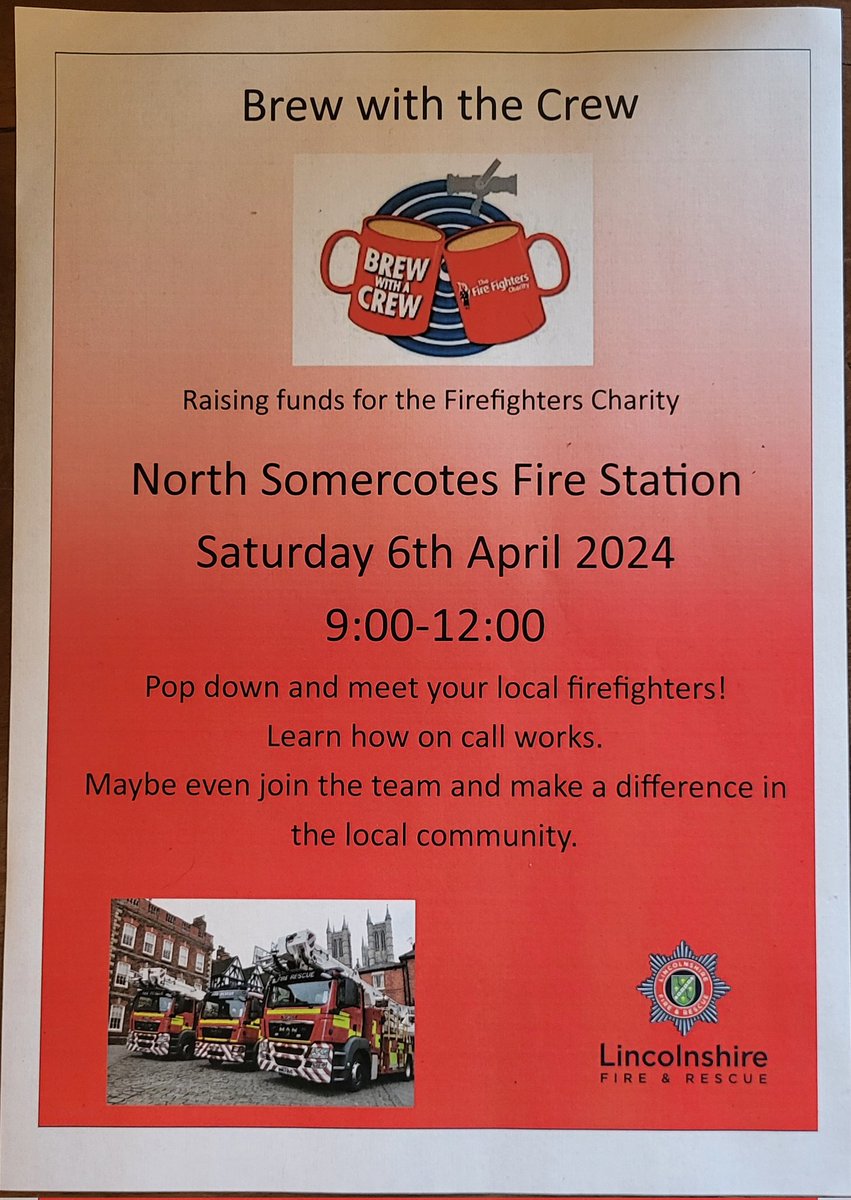 Come along and see us at North Somercotes Fire Station this Saturday, and have a brew with the crew! We'll be there from 9.00 am until midday; meet the crew and find out what being an on-call firefighter is all about 😃
<a href="/LincsFireRescue/">Lincolnshire Fire and Rescue</a> <a href="/CFO_LincsFire/">mark baxter</a> <a href="/dan4089/">Dan Moss</a> <a href="/karlfoxall/">Karl Foxall</a>