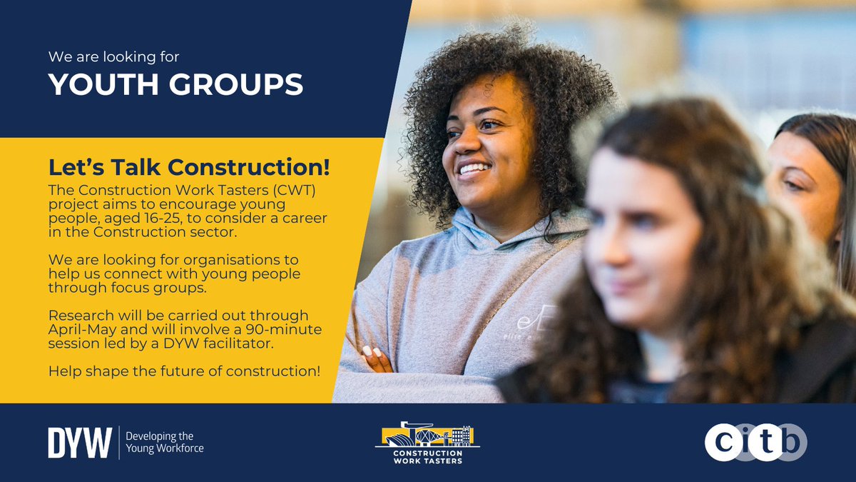 We are looking for organisations to help us connect with young people. Help shape the future of Construction Work Tasters, a programme which aims to raise awareness and inspire young people to consider careers in construction. Get involved: ow.ly/CGyG50R1nht #WorkTasters