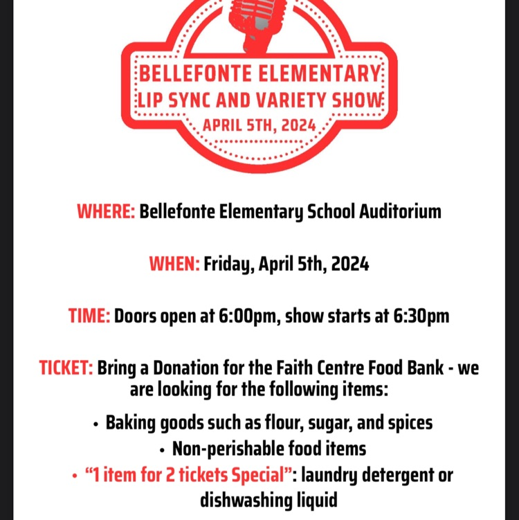This Friday is Bellefonte Elementary School's annual Lip Sync event! Everyone is invited to attend and the doors open at 6:00PM. Check out the flyer for suggested donation items to use as your 'ticket' for the door. Hope to see you there on Friday!