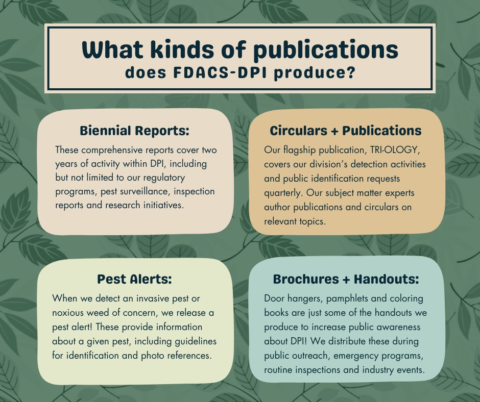 At FDACS-DPI, we produce an abundance of 🖨️ printed materials relevant to our state's plant industry! These materials cover a range of topics, including 🪲 pest management, 🦠 plant diseases, 🔎species identification, 📑 regulatory guidelines and more! fdacs.gov/About-Us/Publi…