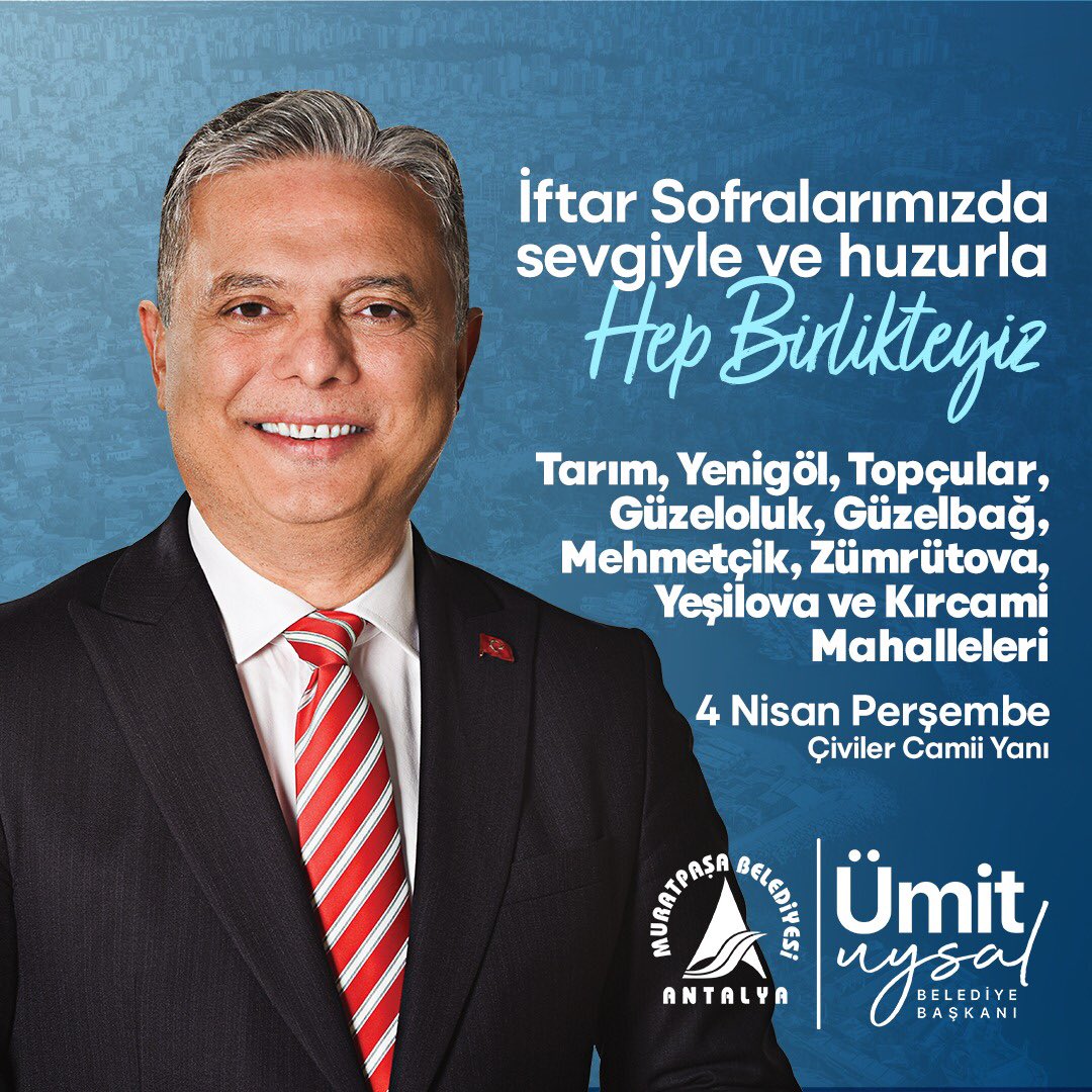 İftar Sofralarımızda sevgiyle ve huzurla hep birlikteyiz. Yarın Tarım, Yenigöl, Topçular, Güzeloluk, Güzelbağ, Mehmetçik, Zümrütova, Yeşilova ve Kırcami Mahalleli komşularımızla İftar Soframızda bir araya geleceğiz. Tüm komşularımı bekliyorum. 📆 4 Nisan 2024 Perşembe 📍…