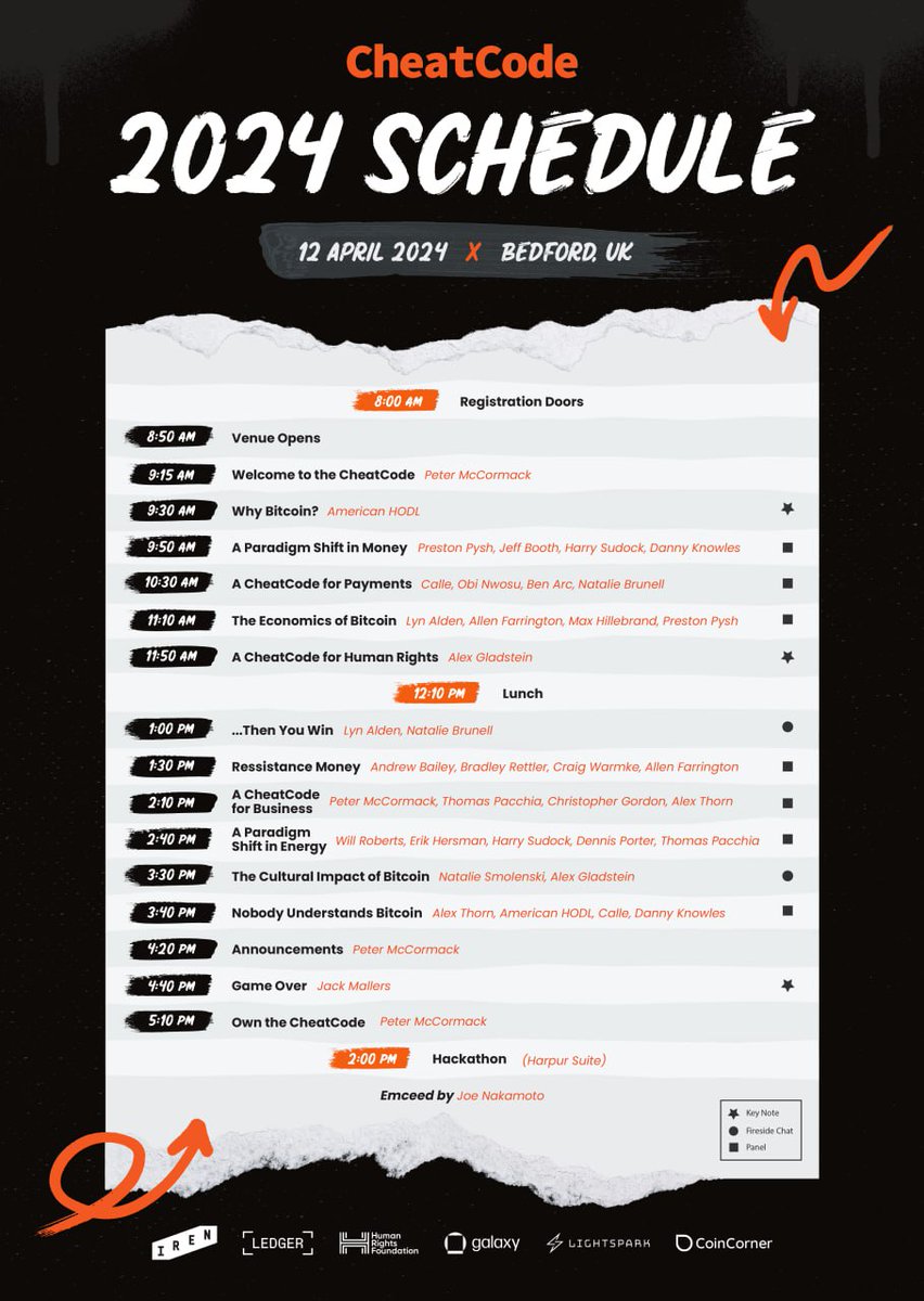 9 days until @CheatCodeCon and we can announce the schedule... Welcome - @PeterMcCormack Opening keynote @americanhodl8 Pre-lunch keynote - @gladstein Fireside - @LynAldenContact (@natbrunell hosting) Fireside - @NSmolenski (@gladstein hosting) Closing keynote - @jackmallers