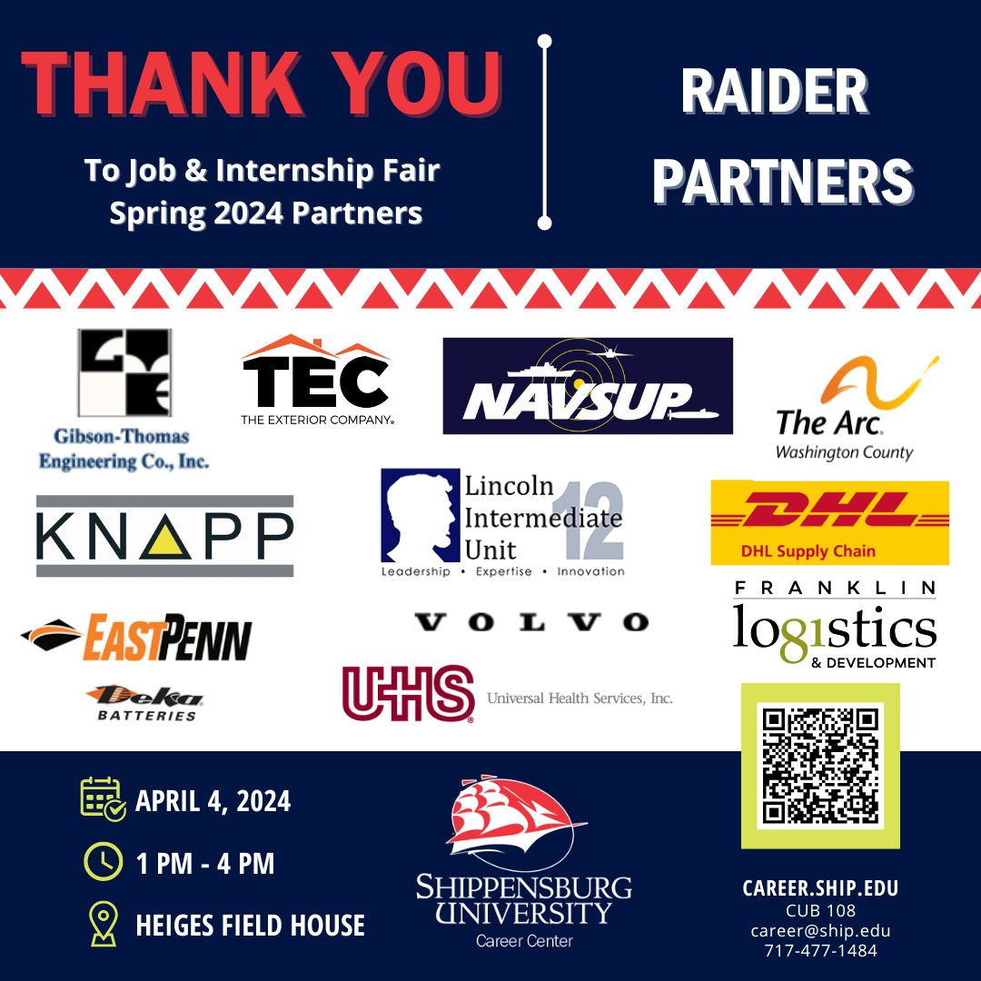 THANK YOU to our Raider Partners at the Job &amp; Internship Fair 🙌 It's truly amazing to have your support for @ShippensburgU Career Center this spring 2024! Check out our guide with links to all employers in attendance: career.ship.edu/resources/su-c…

#ThankYou #CareerReady #ShipU