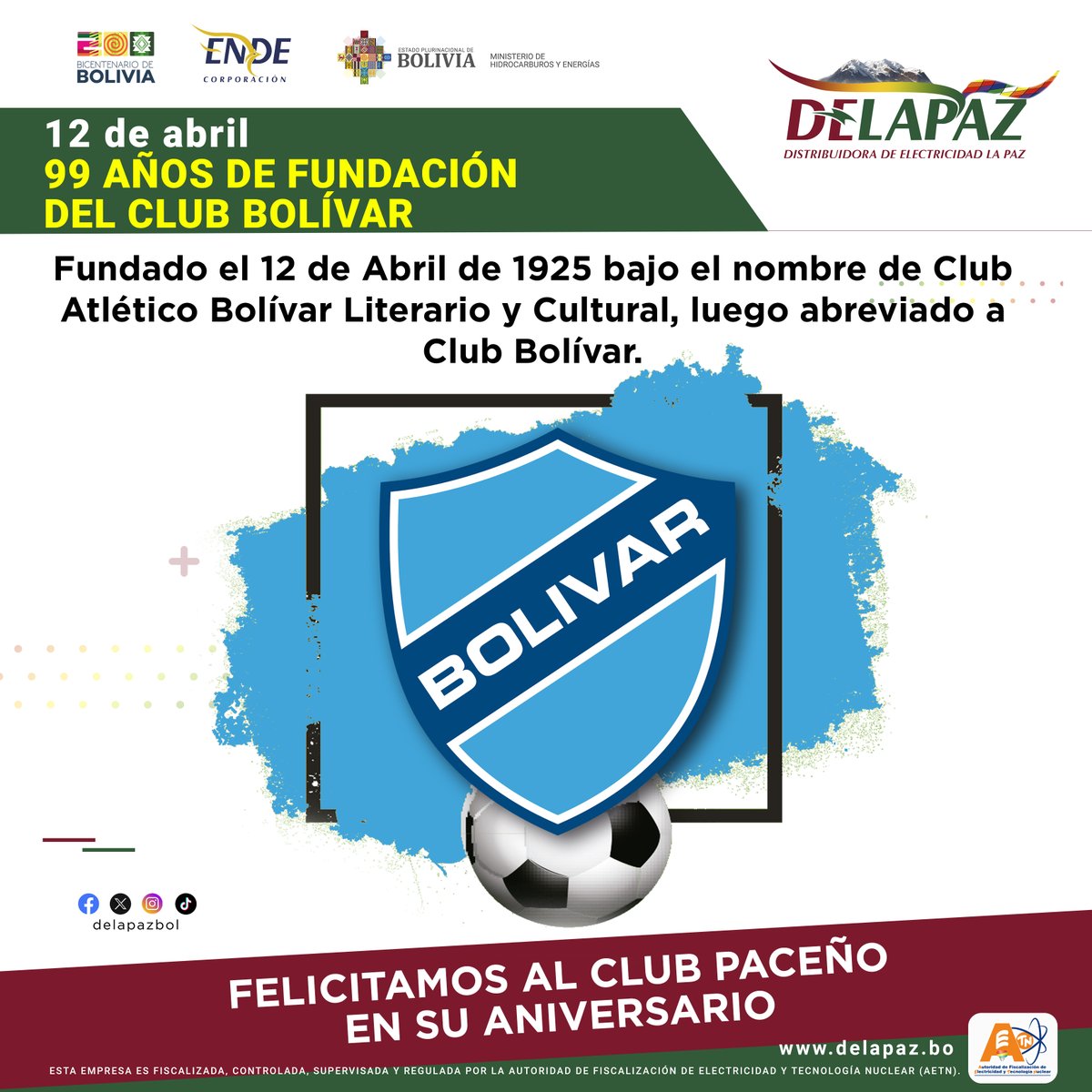 #ClubBolívar | Felicitamos al club paceño Bolívar en su 99 aniversario.
#AvanzamosConEnergía #UnidosRumboAlBicentenario