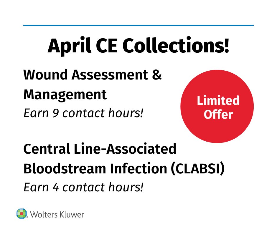 NursingCenter's tweet image. Save time -- and money -- on these CE collections for nurses!
Find them here: ow.ly/tHfa50R6J0k

#WoundCare #WOCNurseWeek2024 #CLABSI