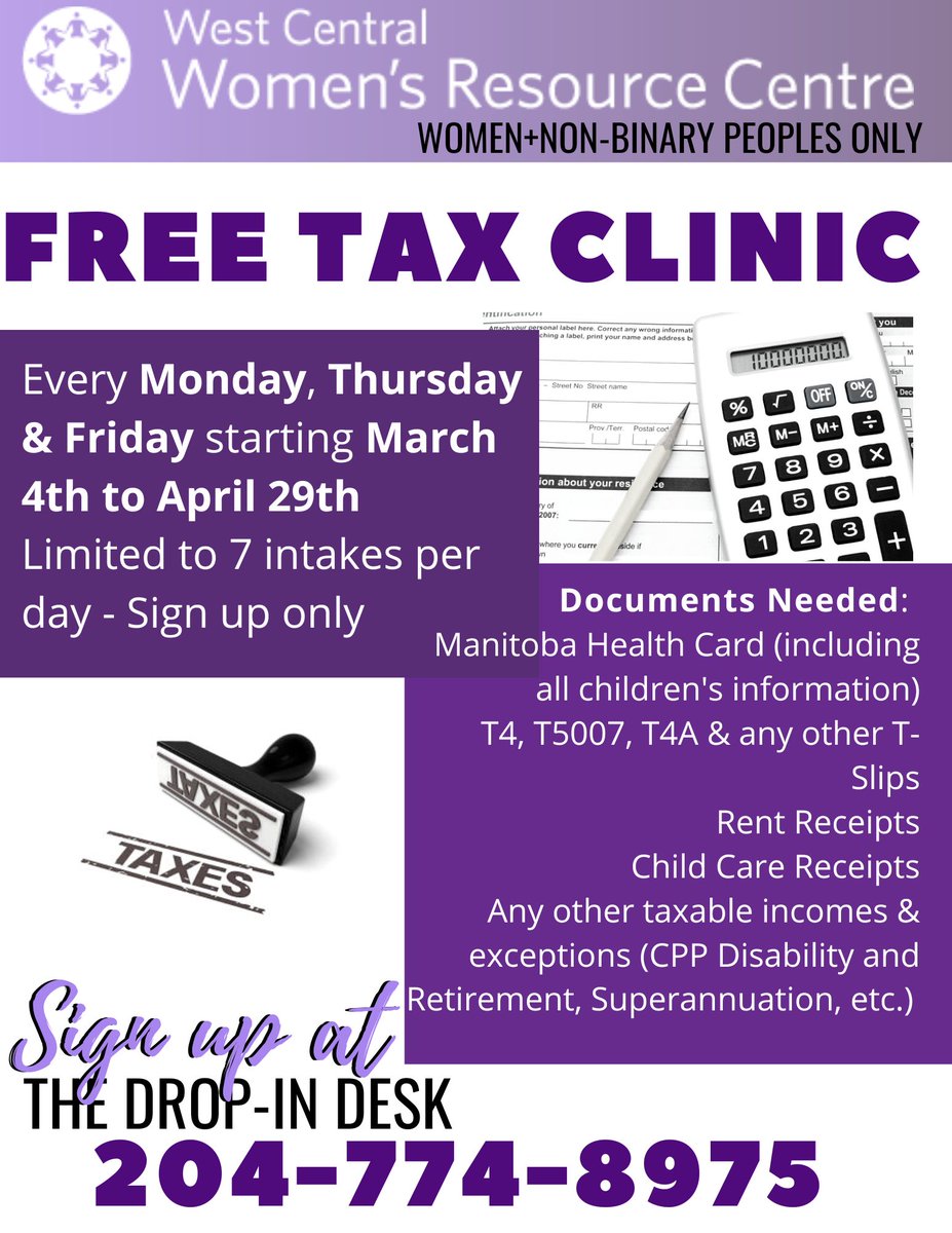 This month, we are hosting free tax clinics every Monday, Thursday, and Friday. Sign up by calling the drop-in desk at 204-774-8975.