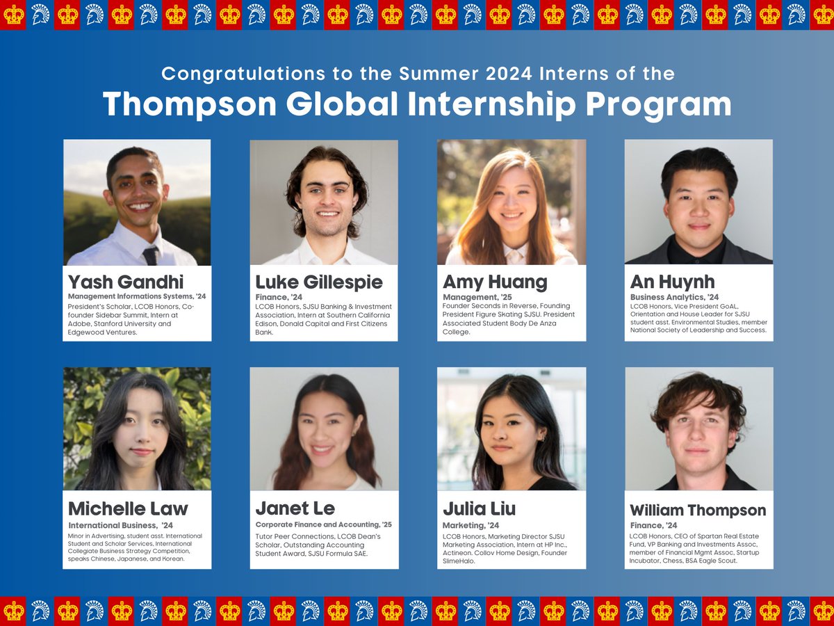 sjsubusiness's tweet image. We're delighted to announce the interns joining the 2024 Thompson Global Internship Program! TGIP offers an exceptional opportunity for #sjsubusiness students to work abroad on a project for renowned int'l org #CrownWorldwideGroup. Learn more about #TGIP: bit.ly/LCOB-TGIP