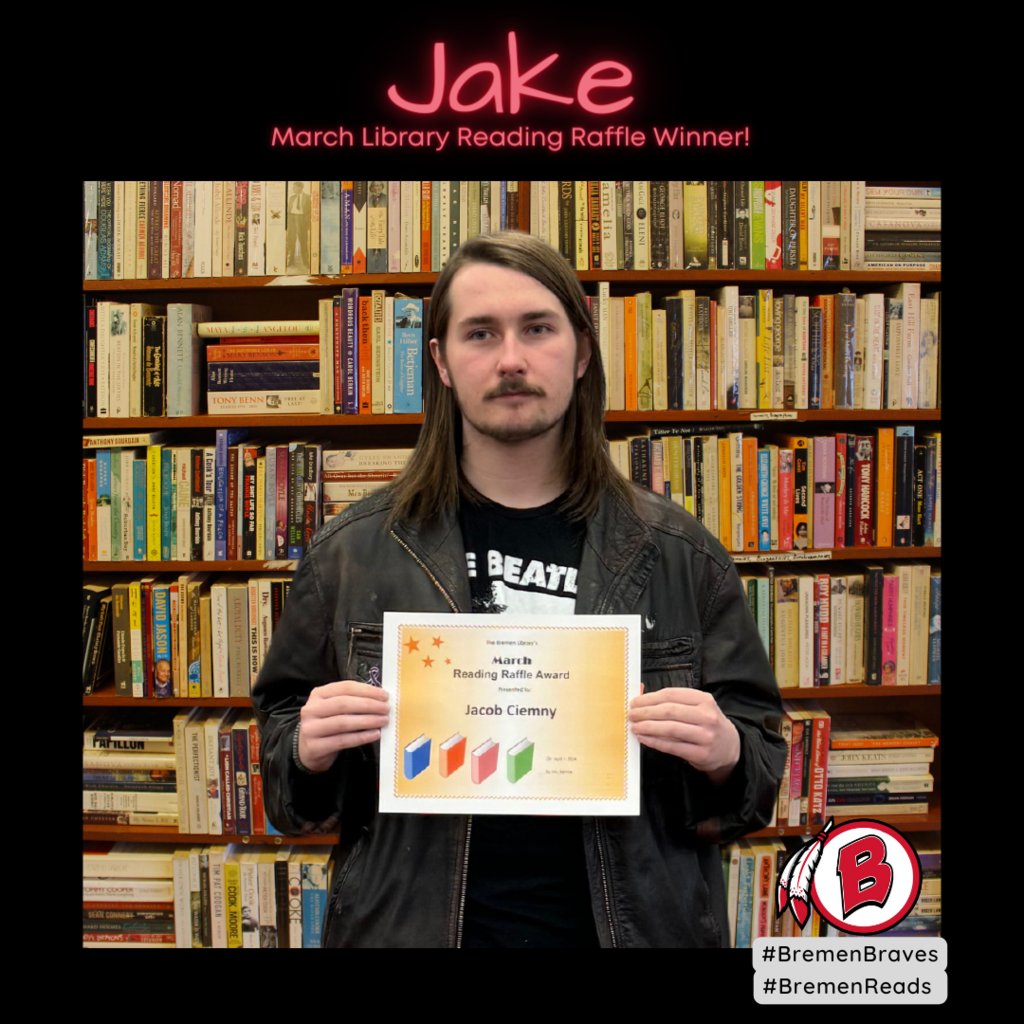 Congratulations to Jake! He is the March winner of our Bremen Library Reading Raffle. Jake won a $10 Amazon gift card. Stay tuned for information about our April Reading Raffle! #BremenReads #BremenBraves