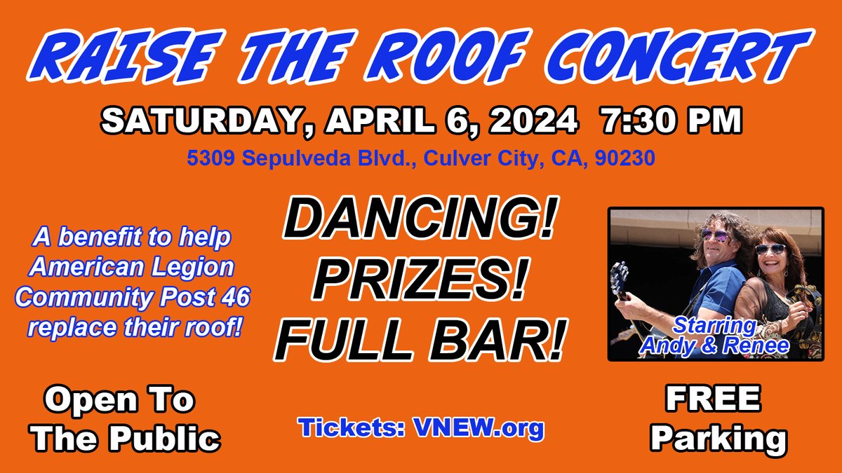 VeteranWorkshop's tweet photo. TICKETS: https://t.co/c6tbHX4xdi
 DANCE, PARTY, WIN PRIZES! Saturday, April 6, 2024, 7:30 pm. American Legion Community Post 46, 5309 Sepulveda Blvd. Culver City, CA 90230. Open to the public! FREE Parking! Bar &amp; Snacks! Support Veterans &amp; your Community! https://t.co/TKchH10CcJ