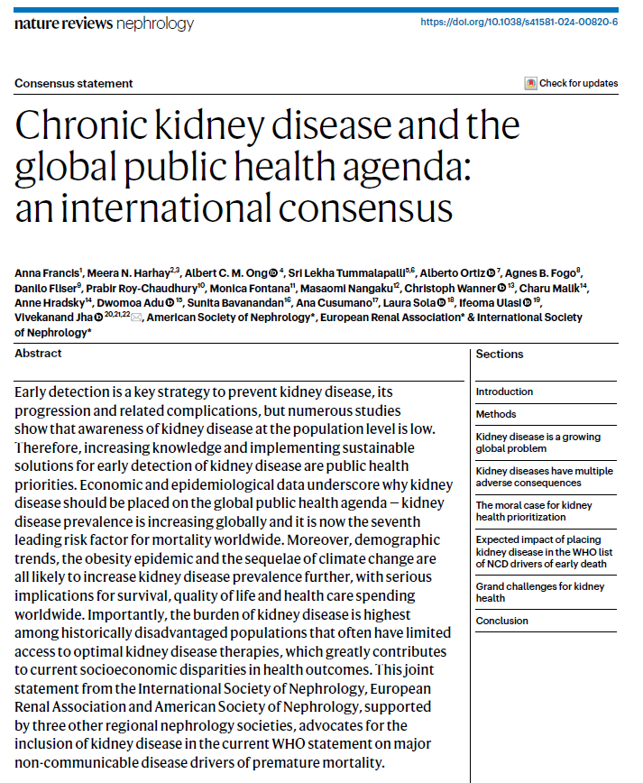Nature Reviews Nephrology (@natrevneph) on Twitter photo We are extremely pleased to publish this Consensus Statement from <a href="/ISNkidneycare/">Int Society of Nephrology</a>, <a href="/ERAkidney/">ERA - European Renal Association</a> and <a href="/ASNKidney/">American Society of Nephrology</a>, and supported by regional societies, advocating for the recognition of kidney disease as a major #NCD driver of premature mortality. <a href="/WHO/">World Health Organization (WHO)</a>
go.nature.com/3U3Ll8f We are extremely pleased to publish this Consensus Statement from <a href="/ISNkidneycare/">Int Society of Nephrology</a>, <a href="/ERAkidney/">ERA - European Renal Association</a> and <a href="/ASNKidney/">American Society of Nephrology</a>, and supported by regional societies, advocating for the recognition of kidney disease as a major #NCD driver of premature mortality. <a href="/WHO/">World Health Organization (WHO)</a>
go.nature.com/3U3Ll8f